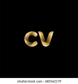 Initial lowercase letter cv, curve rounded logo, gradient glossy gold color on black background
