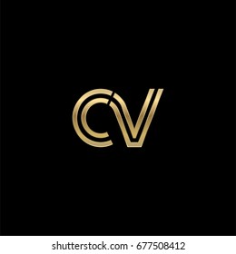 Initial lowercase letter cv, linked outline rounded logo, elegant golden color on black background