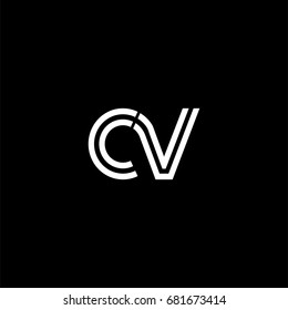 Initial lowercase letter cv, linked outline rounded logo, white color on black background