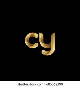 Initial lowercase letter cy, curve rounded logo, gradient glossy gold color on black background
