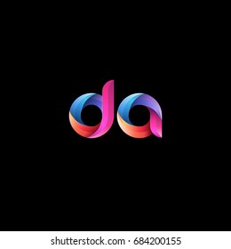 Initial lowercase letter da, curve rounded logo, gradient vibrant colorful glossy colors on black background