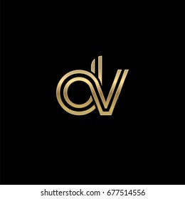 Initial lowercase letter dv, linked outline rounded logo, elegant golden color on black background