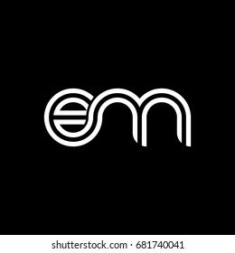 Initial lowercase letter em, linked outline rounded logo, white color on black background
