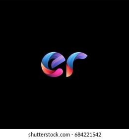 Initial lowercase letter er, curve rounded logo, gradient vibrant colorful glossy colors on black background