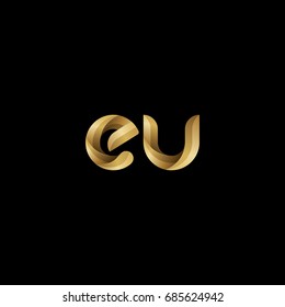 Initial lowercase letter eu, curve rounded logo, gradient glossy gold color on black background