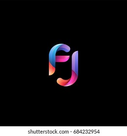 Initial lowercase letter fj, curve rounded logo, gradient vibrant colorful glossy colors on black background
