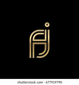 Initial lowercase letter fj, linked outline rounded logo, elegant golden color on black background