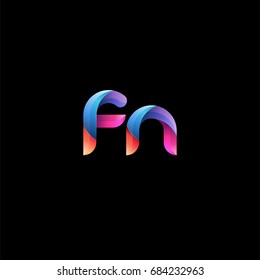 Initial lowercase letter fn, curve rounded logo, gradient vibrant colorful glossy colors on black background