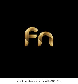 Initial lowercase letter fn, curve rounded logo, gradient glossy gold color on black background