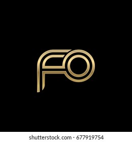 Initial lowercase letter fo, linked outline rounded logo, elegant golden color on black background