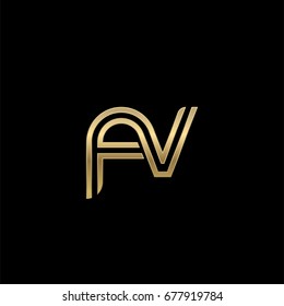 Initial lowercase letter fv, linked outline rounded logo, elegant golden color on black background