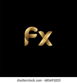 Initial lowercase letter fx, curve rounded logo, gradient glossy gold color on black background