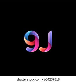 Initial lowercase letter gj, curve rounded logo, gradient vibrant colorful glossy colors on black background