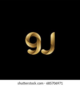 Initial lowercase letter gj, curve rounded logo, gradient glossy gold color on black background