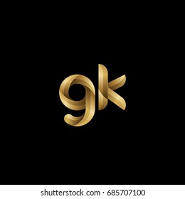 Initial lowercase letter gk, curve rounded logo, gradient glossy gold color on black background