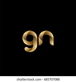 Initial lowercase letter gn, curve rounded logo, gradient glossy gold color on black background