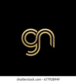 Initial lowercase letter gn, linked outline rounded logo, elegant golden color on black background