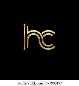 Initial lowercase letter hc, linked outline rounded logo, elegant golden color on black background