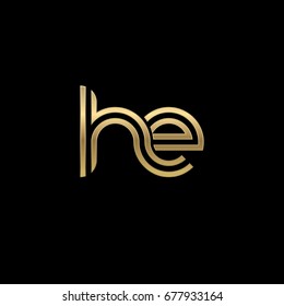 Initial lowercase letter he, linked outline rounded logo, elegant golden color on black background