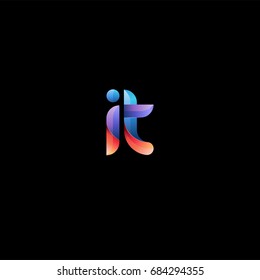 Initial lowercase letter it, curve rounded logo, gradient vibrant colorful glossy colors on black background