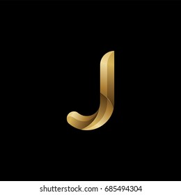Initial Lowercase Letter J, Curve Rounded Logo, Gradient Glossy Gold Color On Black Background