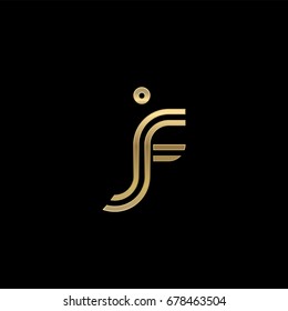 Initial lowercase letter jf, linked outline rounded logo, elegant golden color on black background