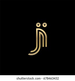 Initial lowercase letter ji, linked outline rounded logo, elegant golden color on black background