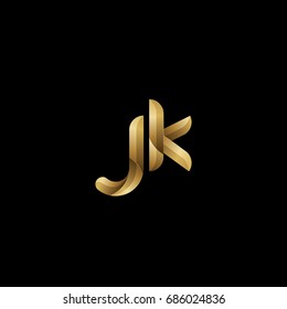 Initial lowercase letter jk, curve rounded logo, gradient glossy gold color on black background