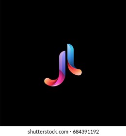 Initial lowercase letter jl, curve rounded logo, gradient vibrant colorful glossy colors on black background