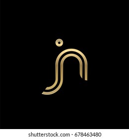 Initial lowercase letter jn, linked outline rounded logo, elegant golden color on black background