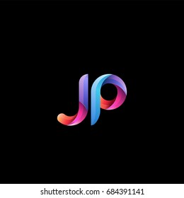 Initial lowercase letter jp, curve rounded logo, gradient vibrant colorful glossy colors on black background
