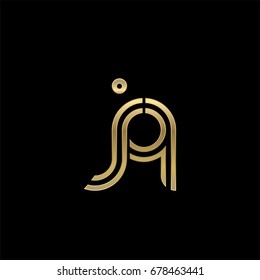 Initial lowercase letter jq, linked outline rounded logo, elegant golden color on black background