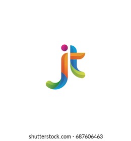 Initial lowercase letter jt, curve rounded logo, gradient vibrant colorful glossy multicolor