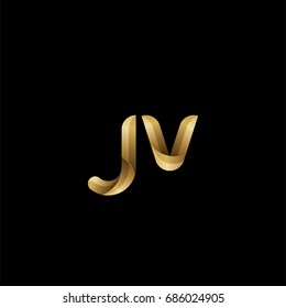 Initial lowercase letter jv, curve rounded logo, gradient glossy gold color on black background