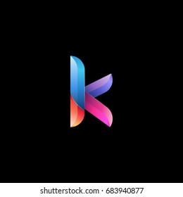 Initial lowercase letter k, curve rounded logo, gradient vibrant colorful glossy colors on black background