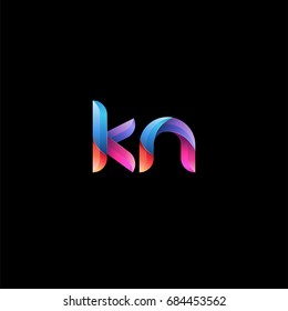 Initial lowercase letter kn, curve rounded logo, gradient vibrant colorful glossy colors on black background