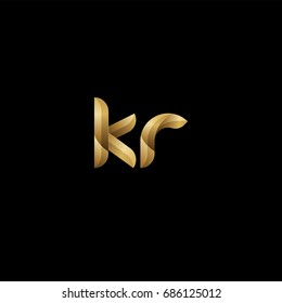 Initial lowercase letter kr, curve rounded logo, gradient glossy gold color on black background