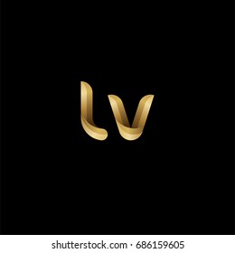 Initial lowercase letter lv, curve rounded logo, gradient glossy gold color on black background