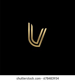 Initial lowercase letter lv, linked outline rounded logo, elegant golden color on black background