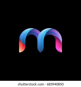Initial lowercase letter m, curve rounded logo, gradient vibrant colorful glossy colors on black background