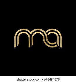 Initial lowercase letter ma, linked outline rounded logo, elegant golden color on black background