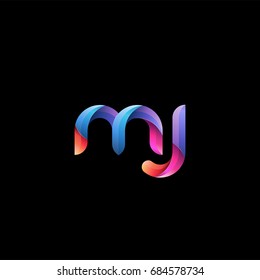 Initial lowercase letter mj, curve rounded logo, gradient vibrant colorful glossy colors on black background