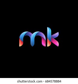 Initial lowercase letter mk, curve rounded logo, gradient vibrant colorful glossy colors on black background