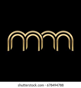 Initial lowercase letter mm, linked outline rounded logo, elegant golden color on black background