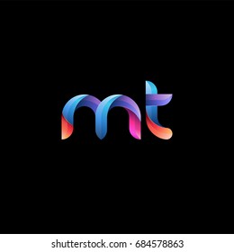 Initial lowercase letter mt, curve rounded logo, gradient vibrant colorful glossy colors on black background