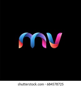 Initial lowercase letter mv, curve rounded logo, gradient vibrant colorful glossy colors on black background