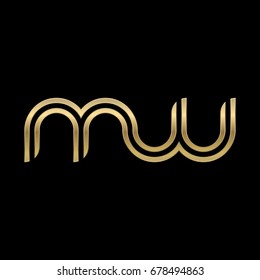 Initial lowercase letter mw, linked outline rounded logo, elegant golden color on black background