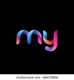 Initial lowercase letter my, curve rounded logo, gradient vibrant colorful glossy colors on black background