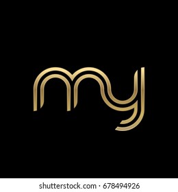 Initial lowercase letter my, linked outline rounded logo, elegant golden color on black background