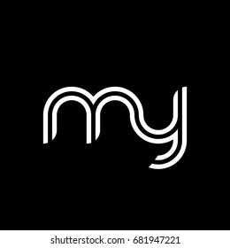 Initial lowercase letter my, linked outline rounded logo, white color on black background